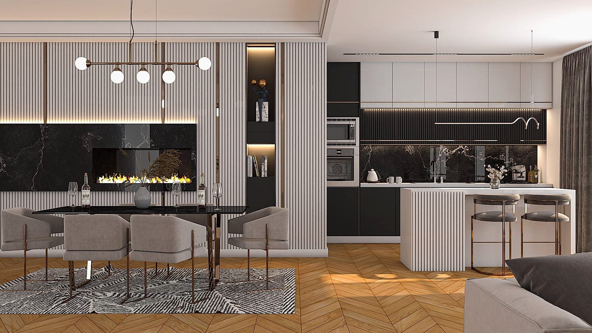 Monochrome Kitchen & Dining With Gold Accents