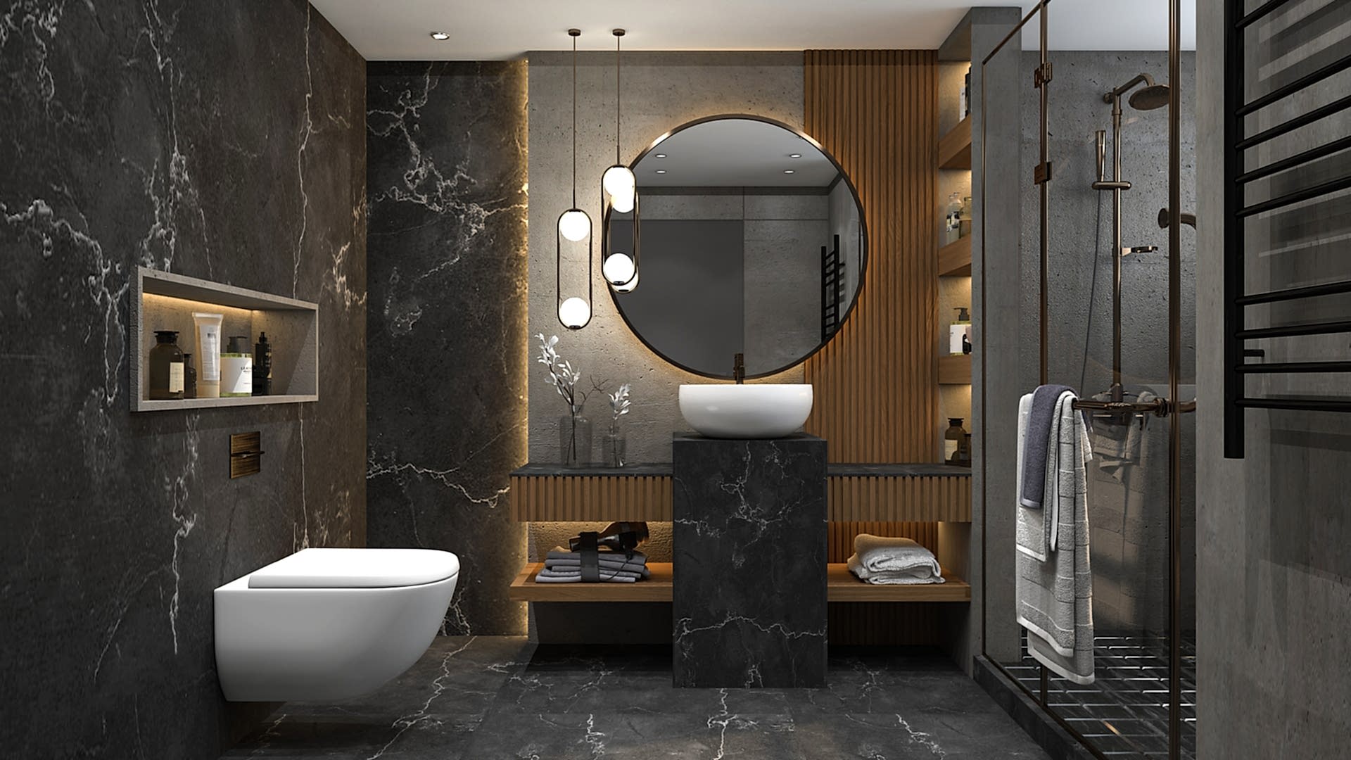 Copper Magic in Moody Bathroom