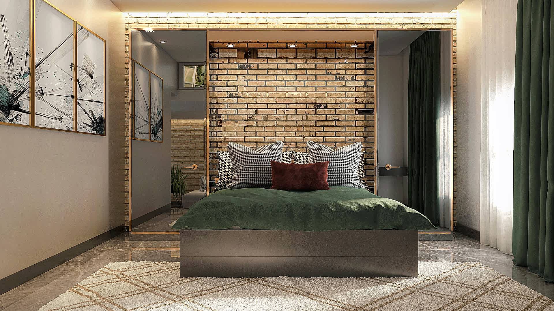Golden Glamour: A Bedroom with a Statement Mirror