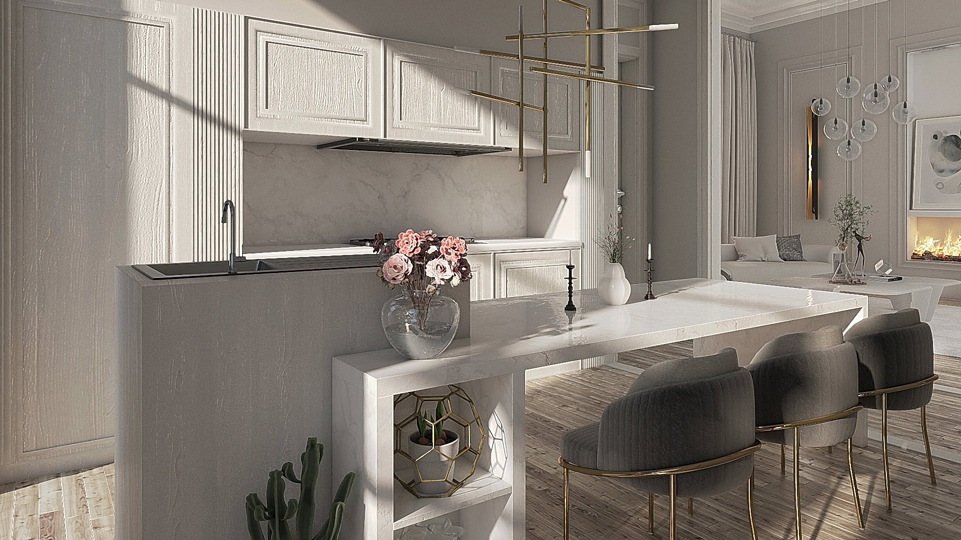 A Touch of Glam: Modern Kitchen and Dining Area with Gold Accents