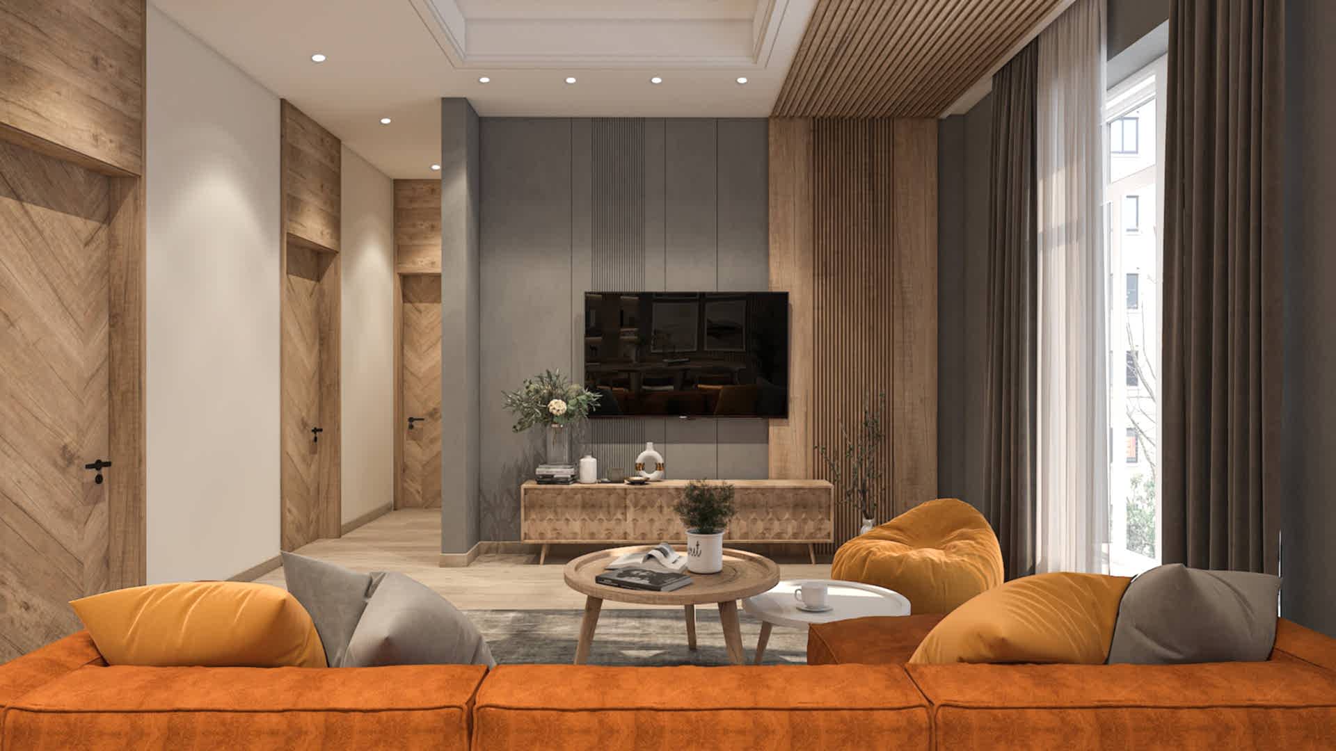 Inviting Living Room with Neutral Tones and Wood Accents