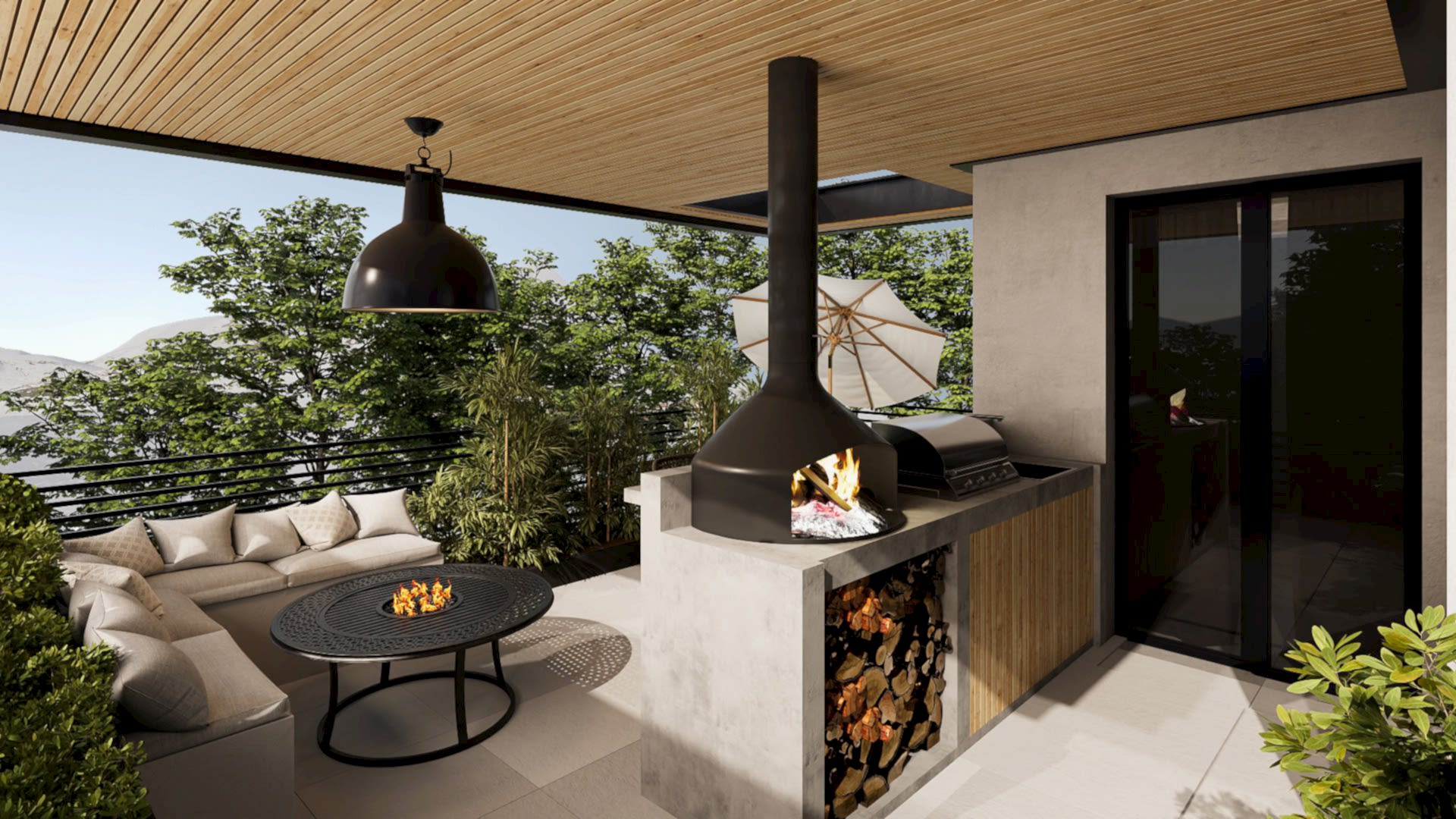 Trendy patio setup with outdoor furniture and fire pit