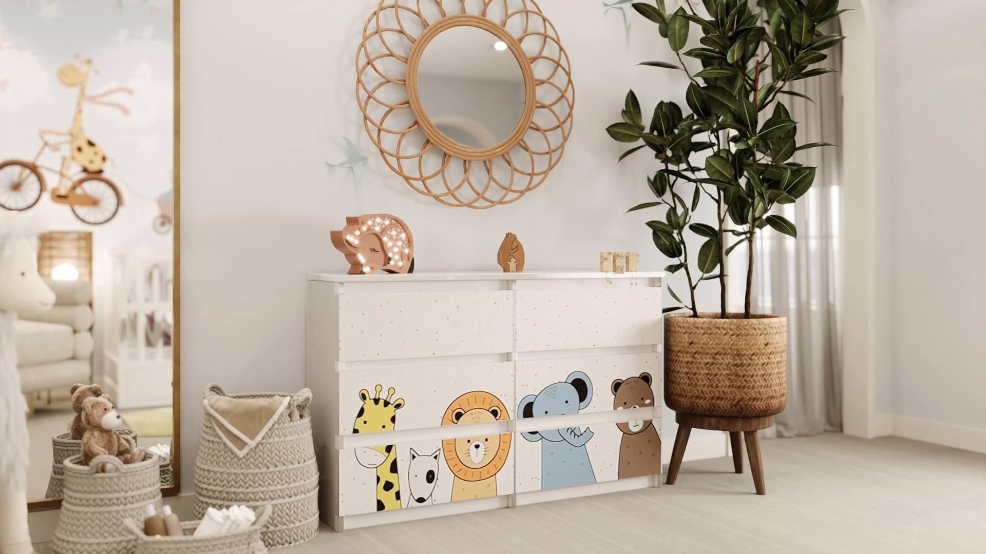 Playful baby’s room featuring giraffes and a delightful giraffe decoration