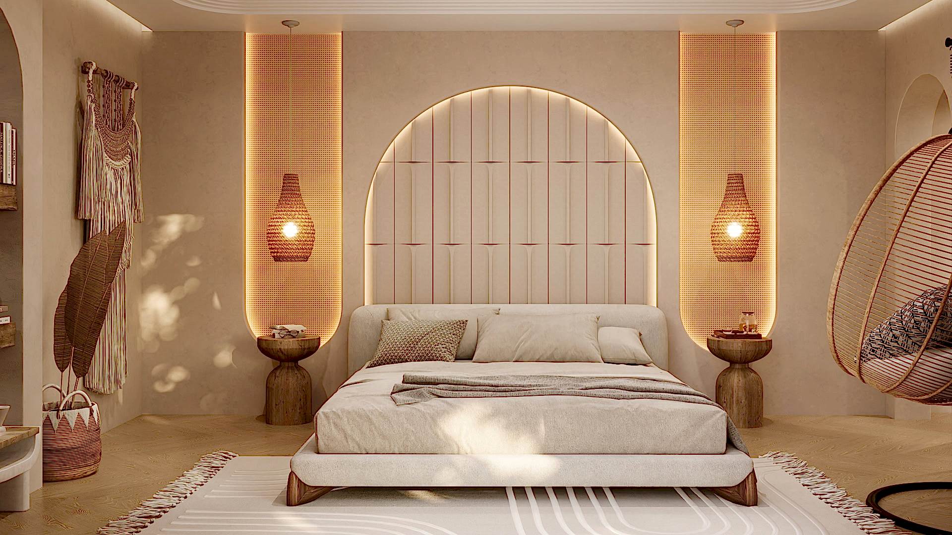 Relaxing bedroom with hanging chair and bed