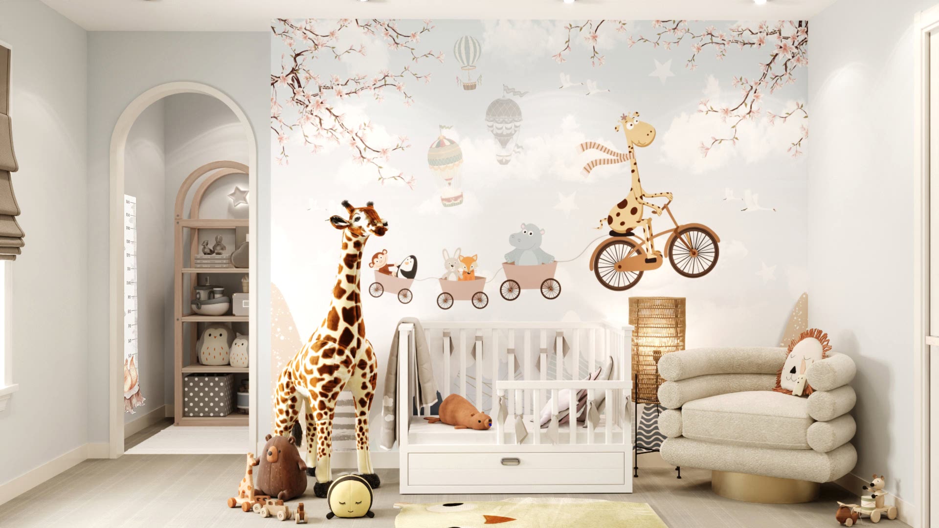 Playful baby’s room featuring giraffes and a delightful giraffe decoration