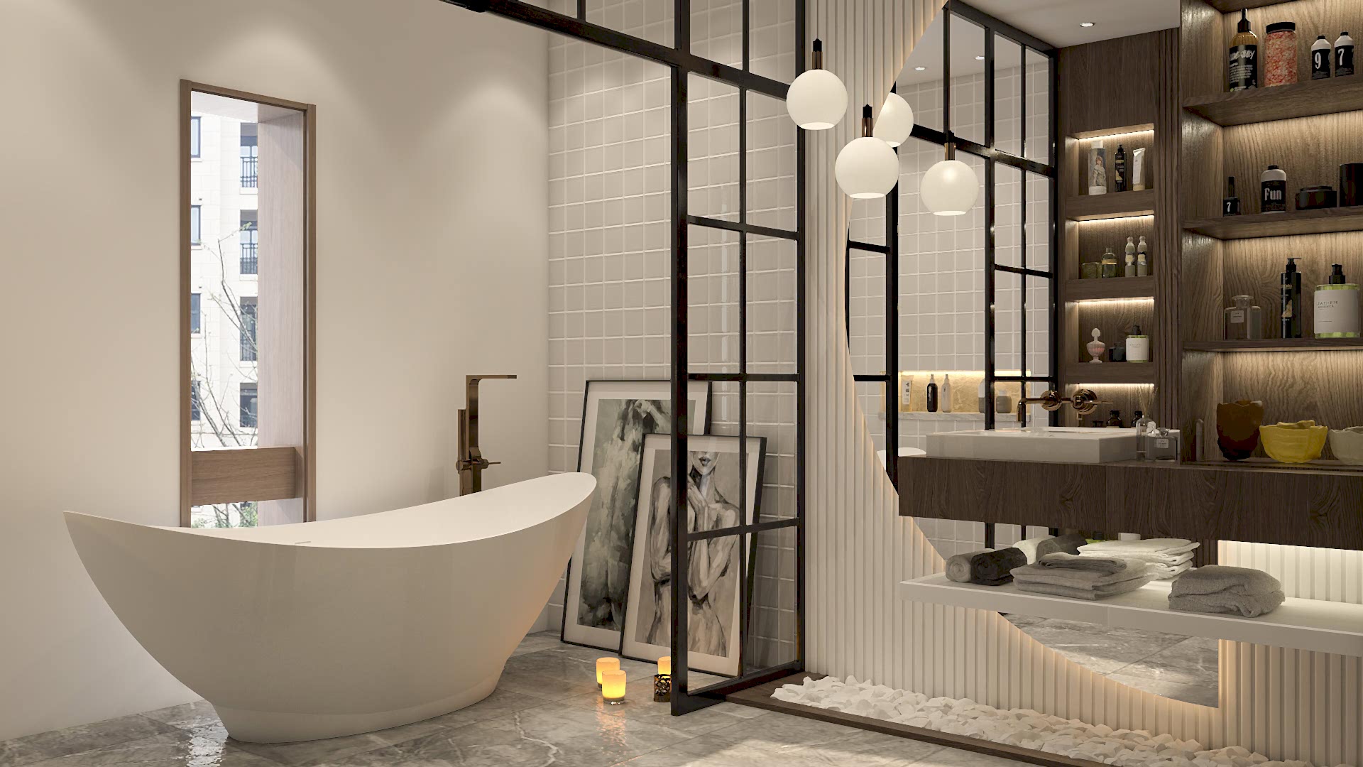 Contemporary bathroom with exquisite bathtub, refined toilet, and stylish shelves