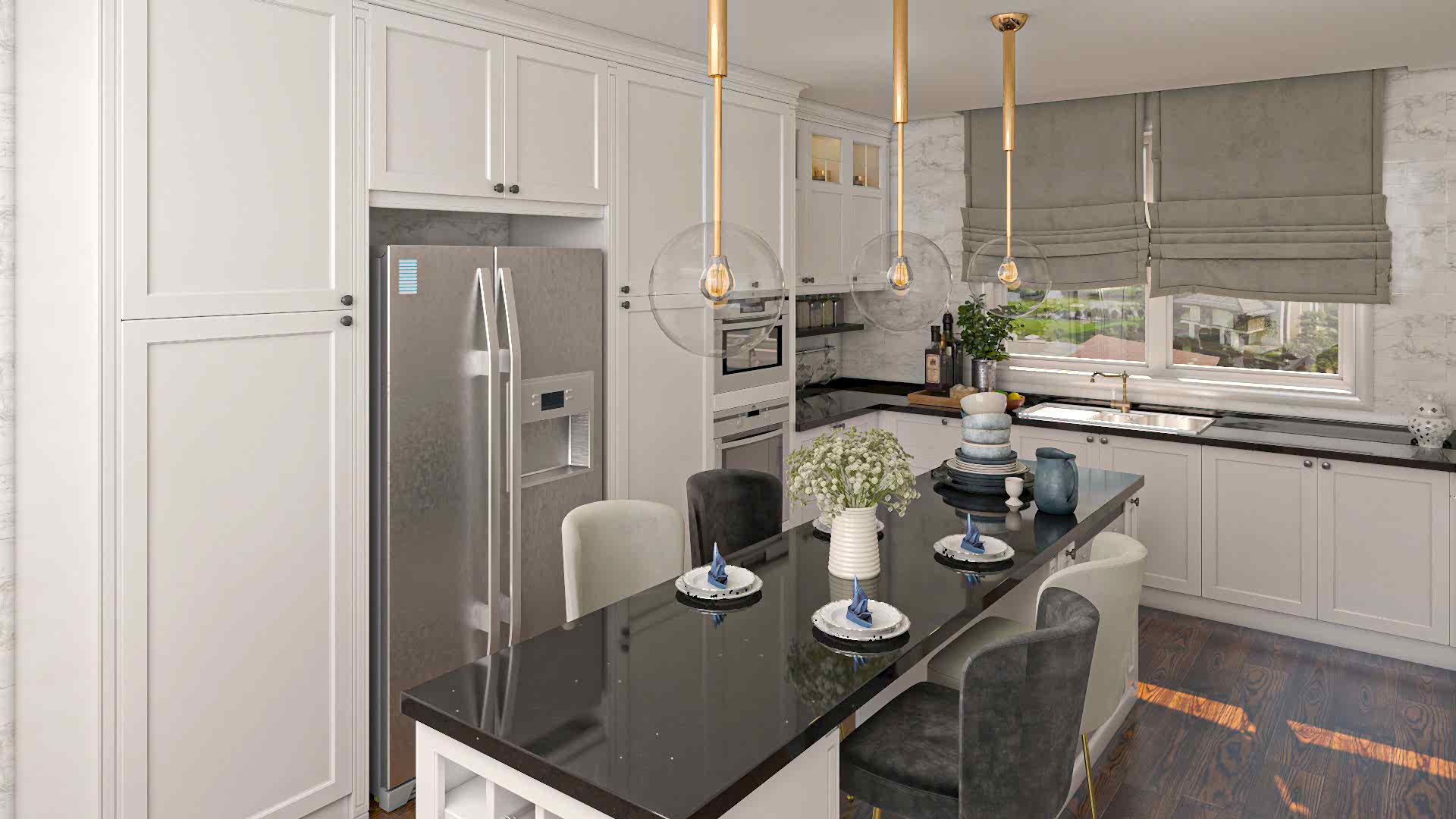 Opulent kitchen featuring stylish table and chairs