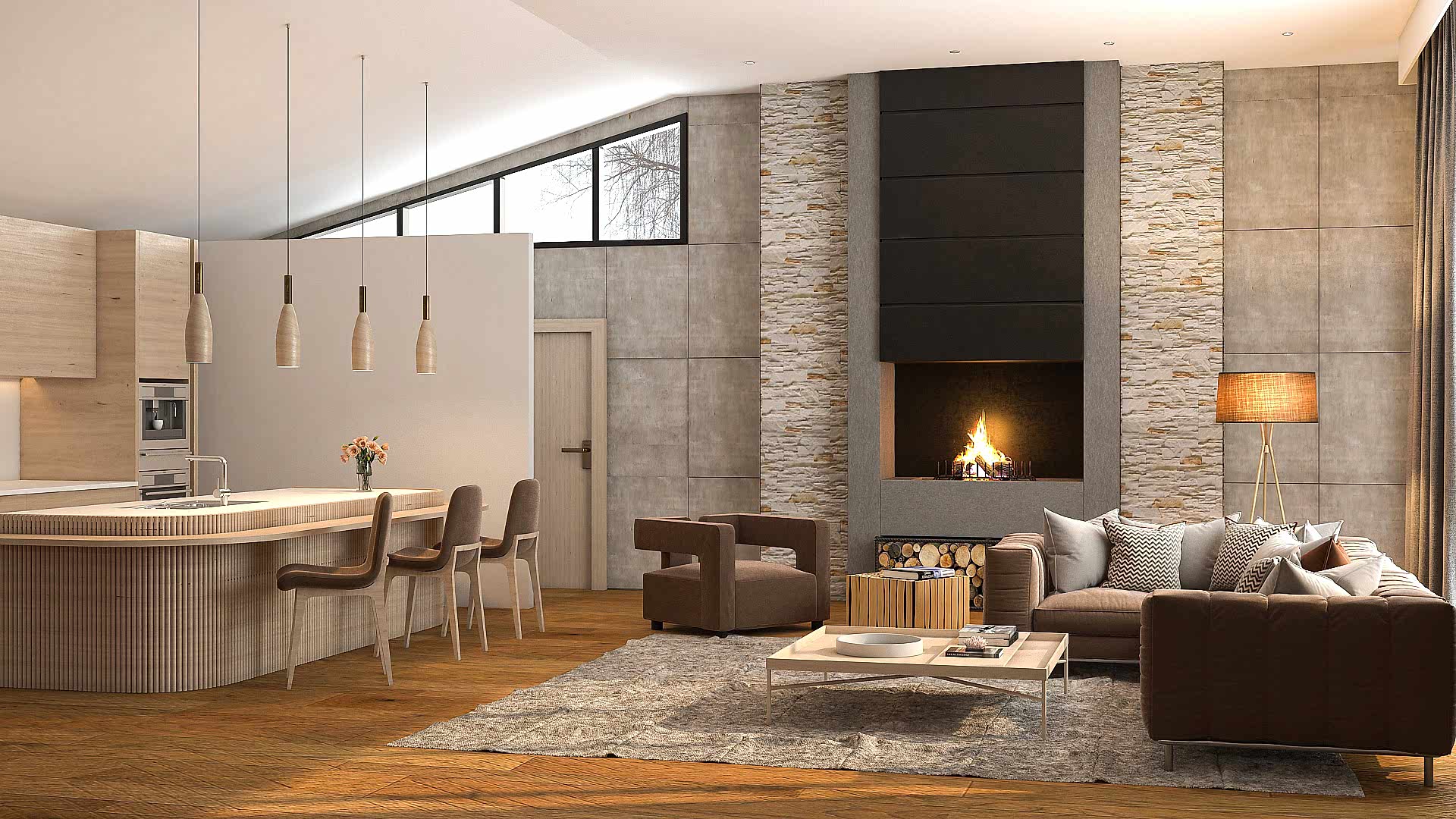 Stylish living room featuring fireplace and kitchen space.