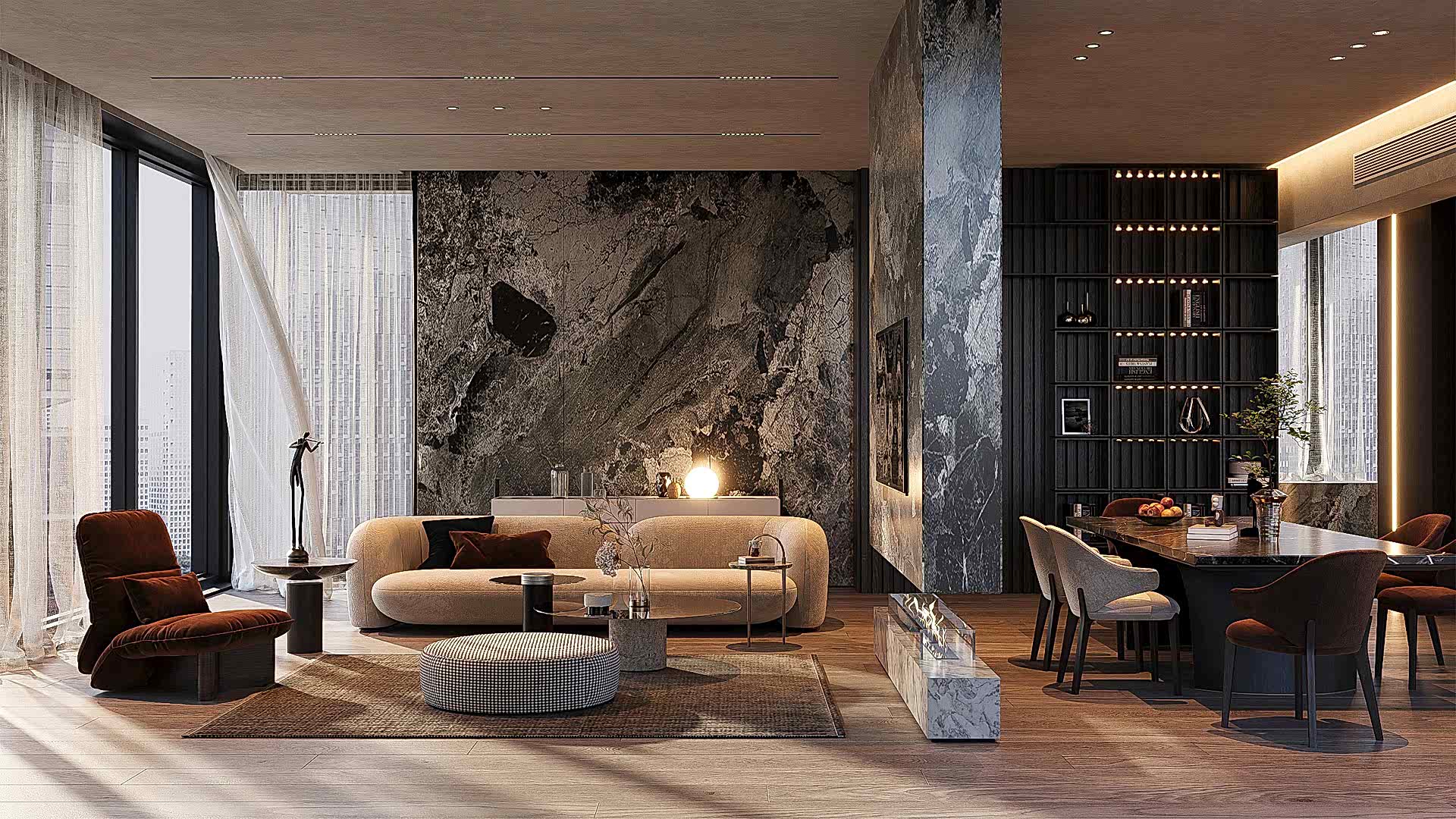 Luxurious Living Room with Stone Textures