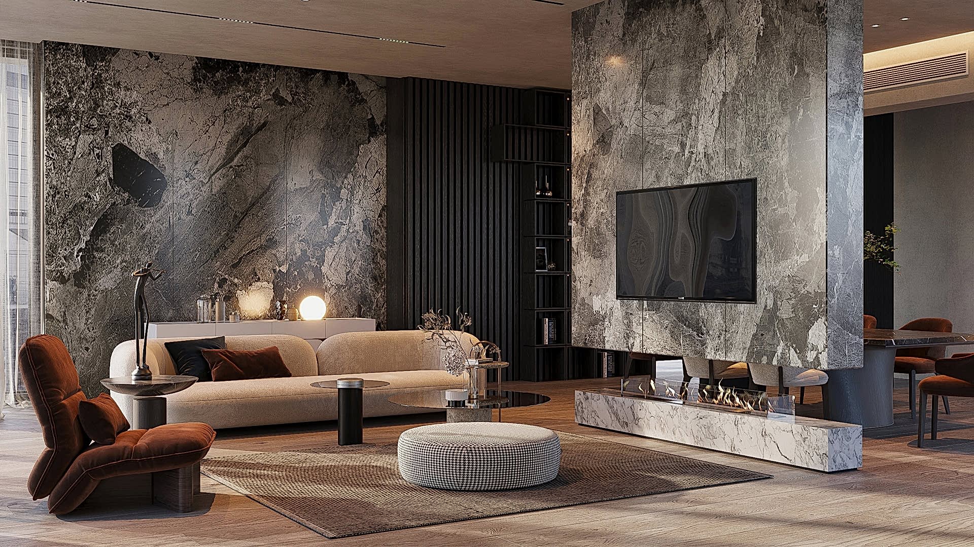 Luxurious Living Room with Stone Textures