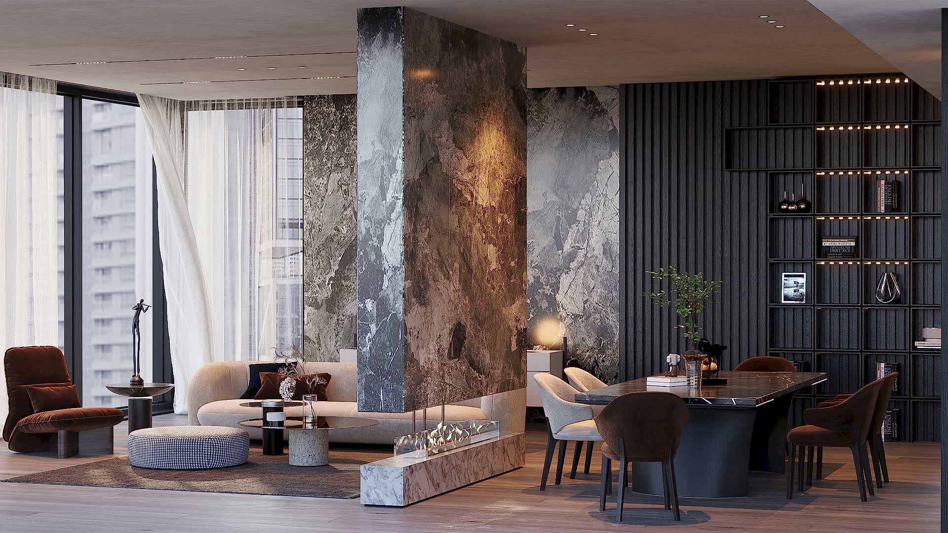 Luxurious Living Room with Stone Textures